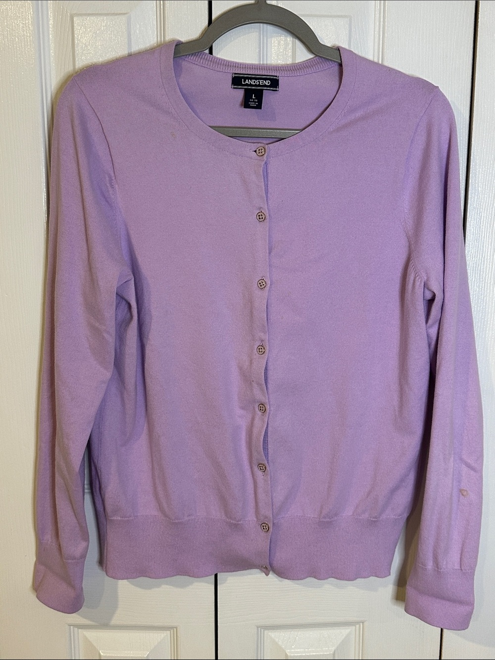 Lands' End Light Purple Button-Front Crewneck Cardigan